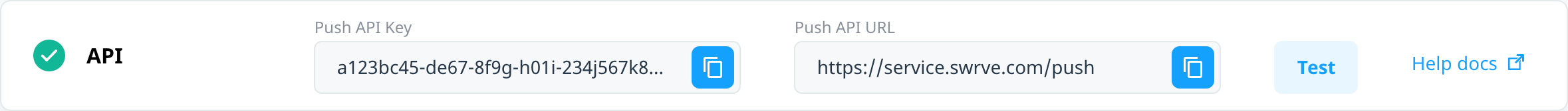 API block with push API key and test button