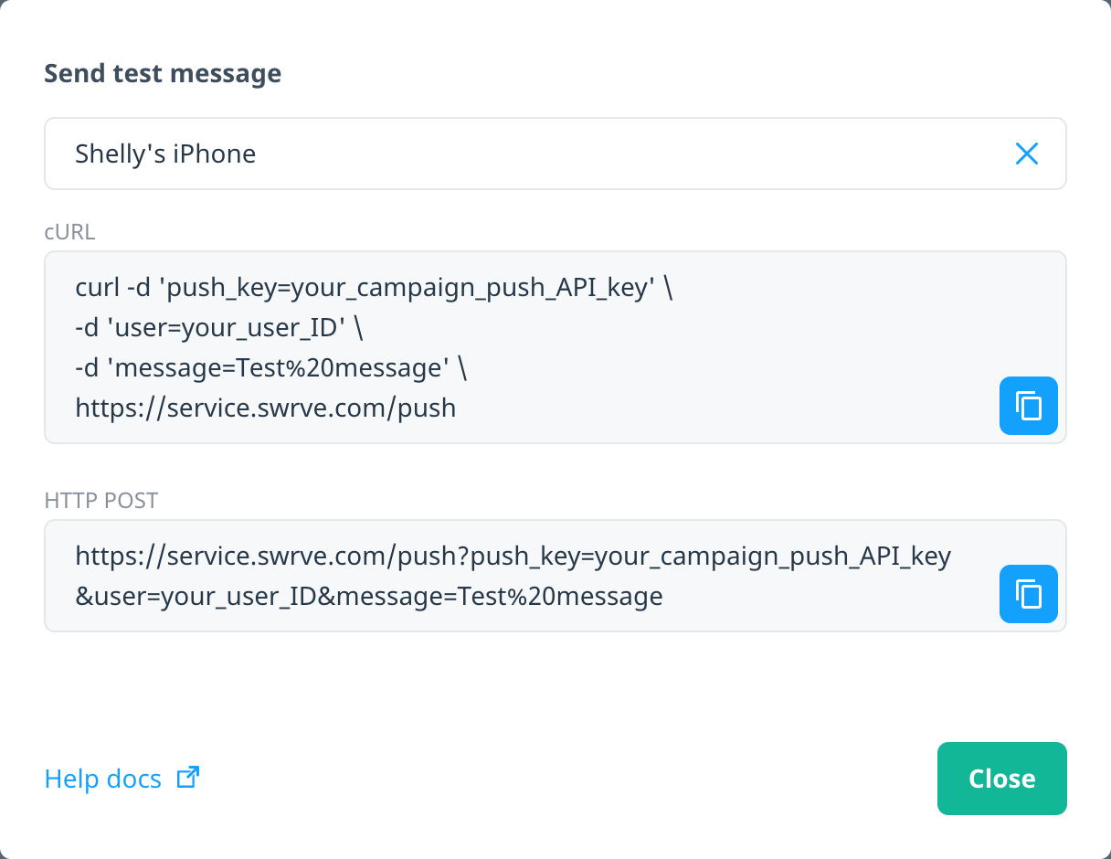Send test message window with push API campaign cURL and HTTP POST commands