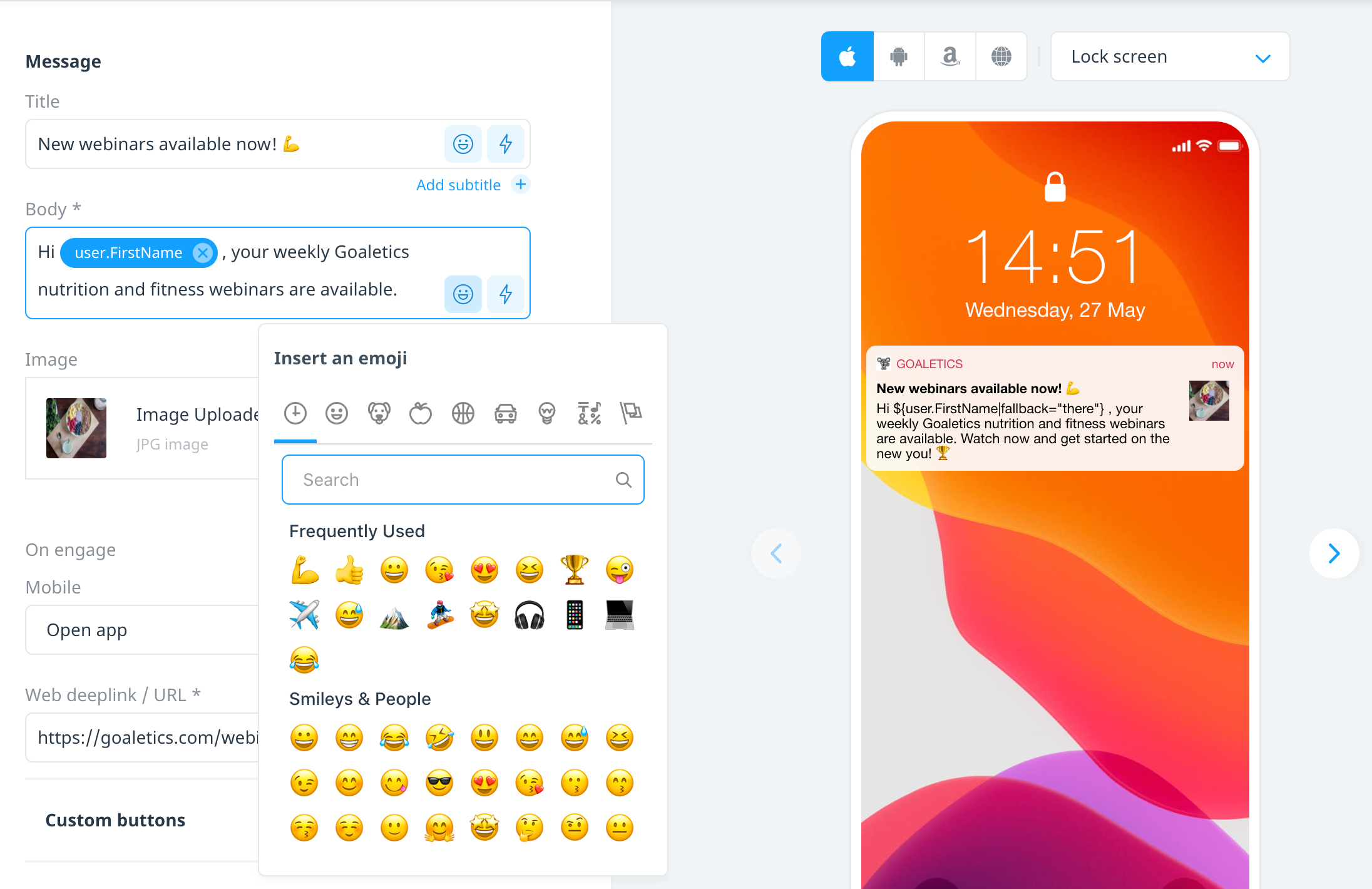 Push notification content screen with emoji dialog