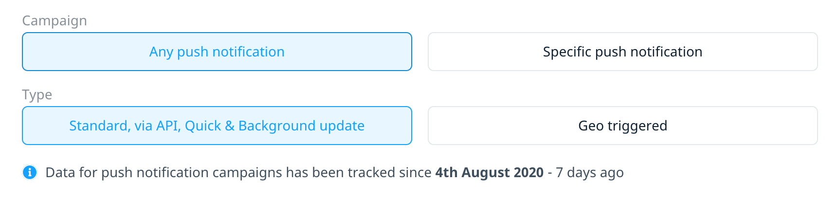 Info message showing the date from which Swrve has tracked campaign data for all campaigns