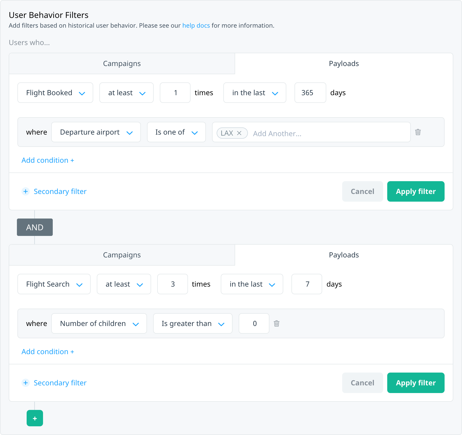 Targeting an audience on multiple payload filters where users must match all conditionss 