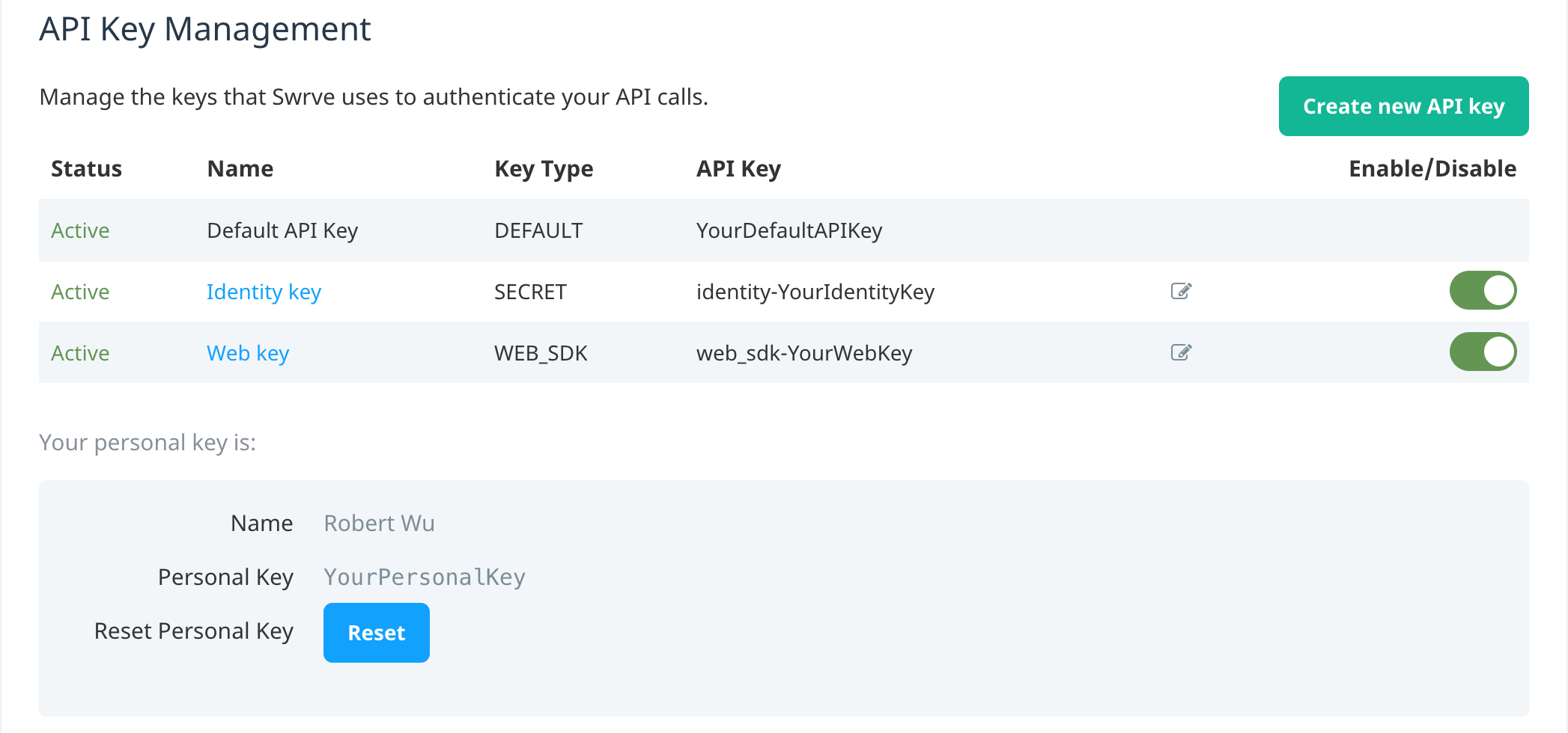 API Key Management section on the Integration Settings screen