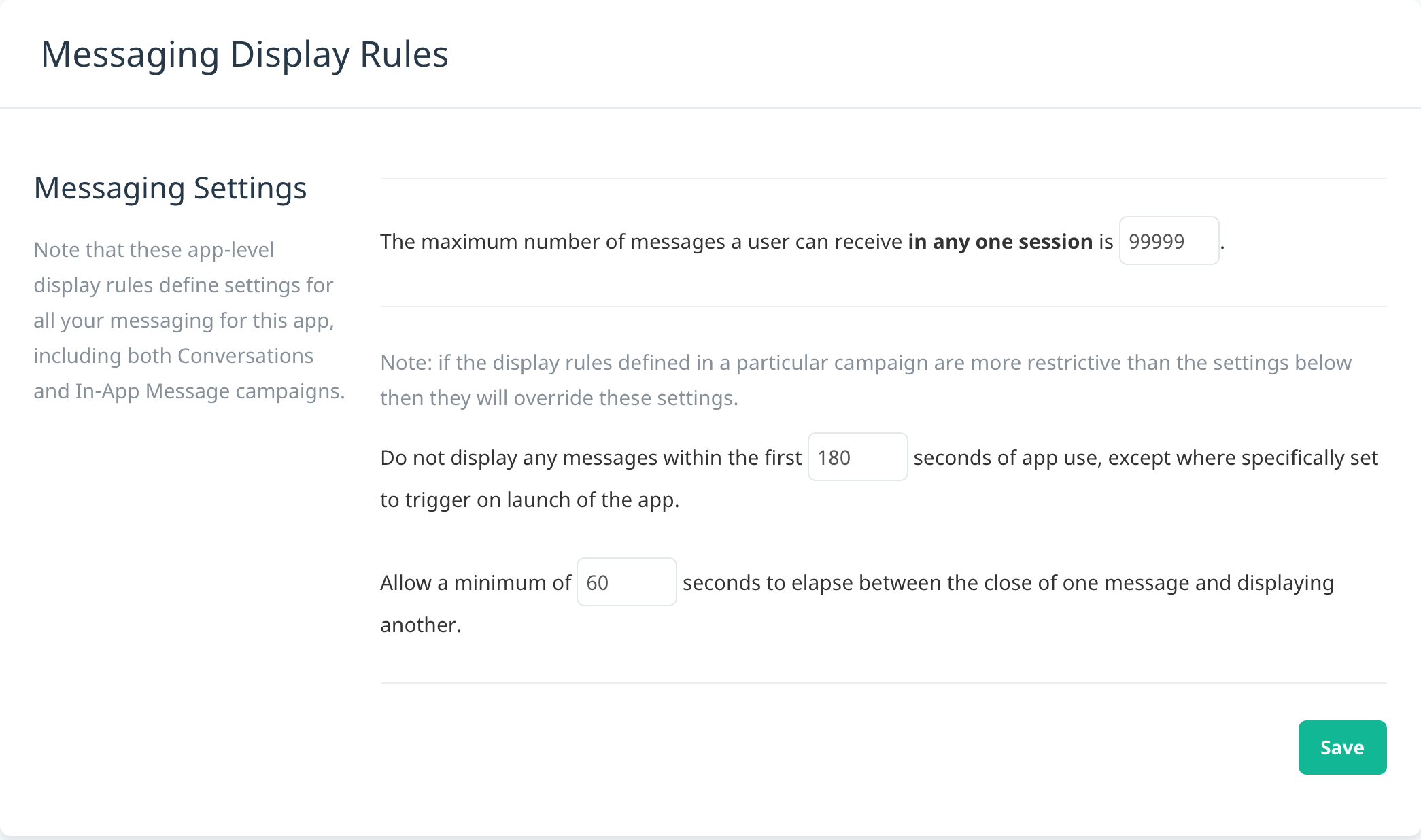 App level message display rules for in-app message and Conversation campaigns.