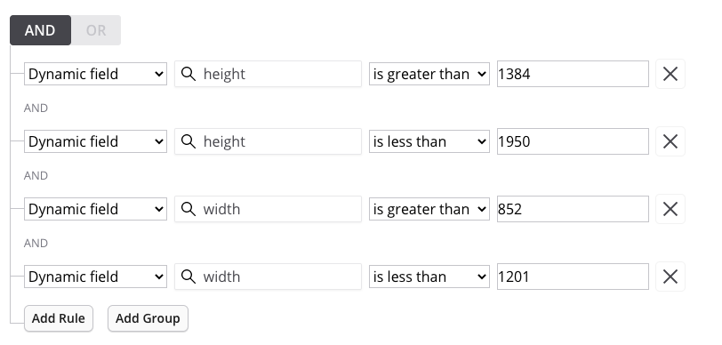 Movable Ink targeting rules for width and height dynamic fields