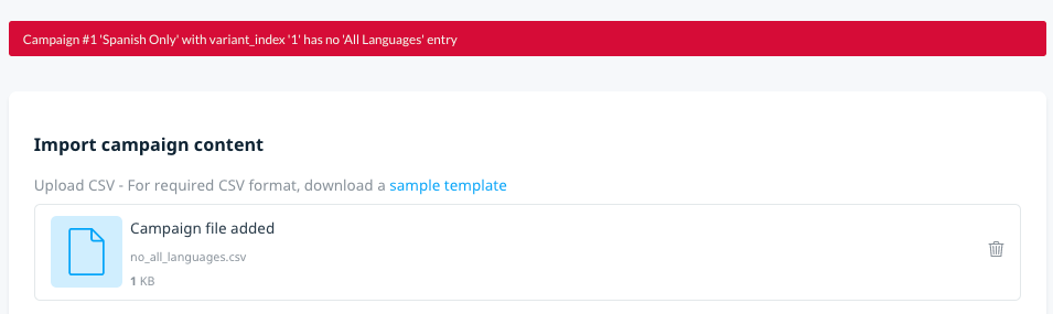 Push Campaign CSV file uploaded with no All Languages variant provided. Create Campaigns via CSV page displays error indicating the campaign without the All Languages entry.
