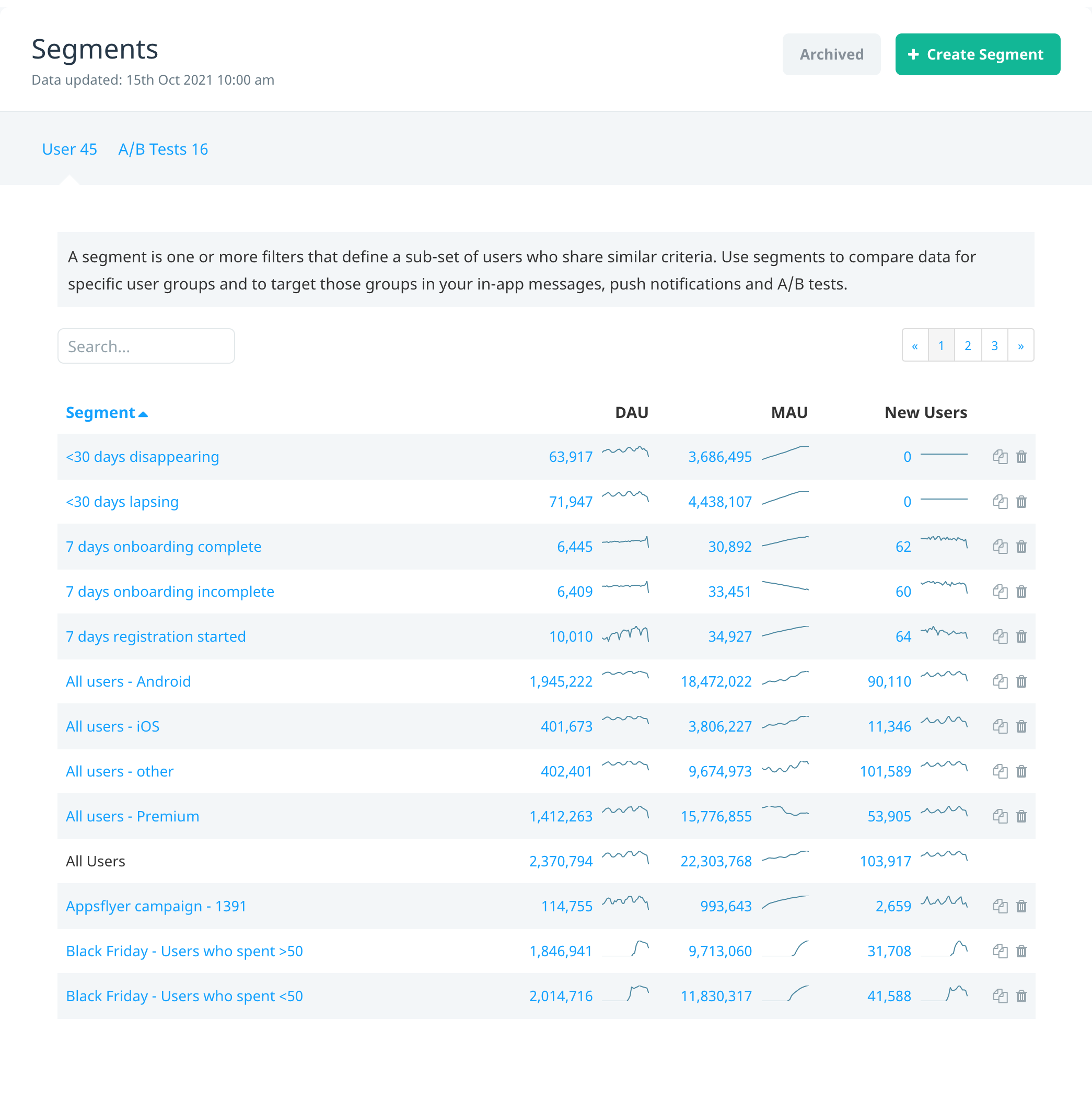Segments management page showing a list of segments, with the options to search, archive, and create segments