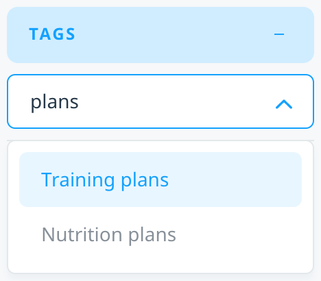 Search box under the Tags filter with the example of searching your campaign tags that include the word 'plans'.
