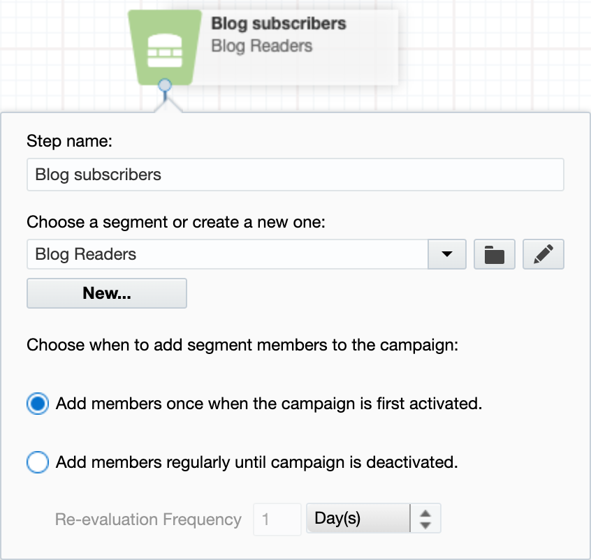 First campaign step that defines the audience for the campaign, in this case users who subscribe to the company blog