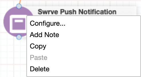 Right-click menu showing the Configure option for a Swrve push notification action.