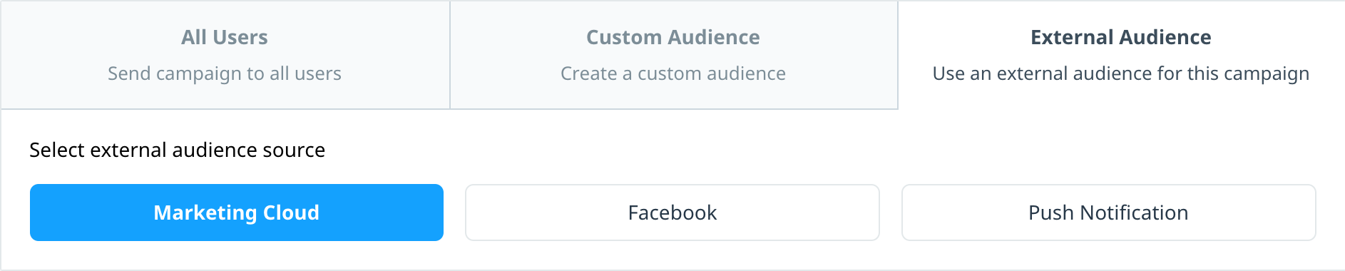 Audience builder with the External Audience tab selected and the external source set to Marketing Cloud
