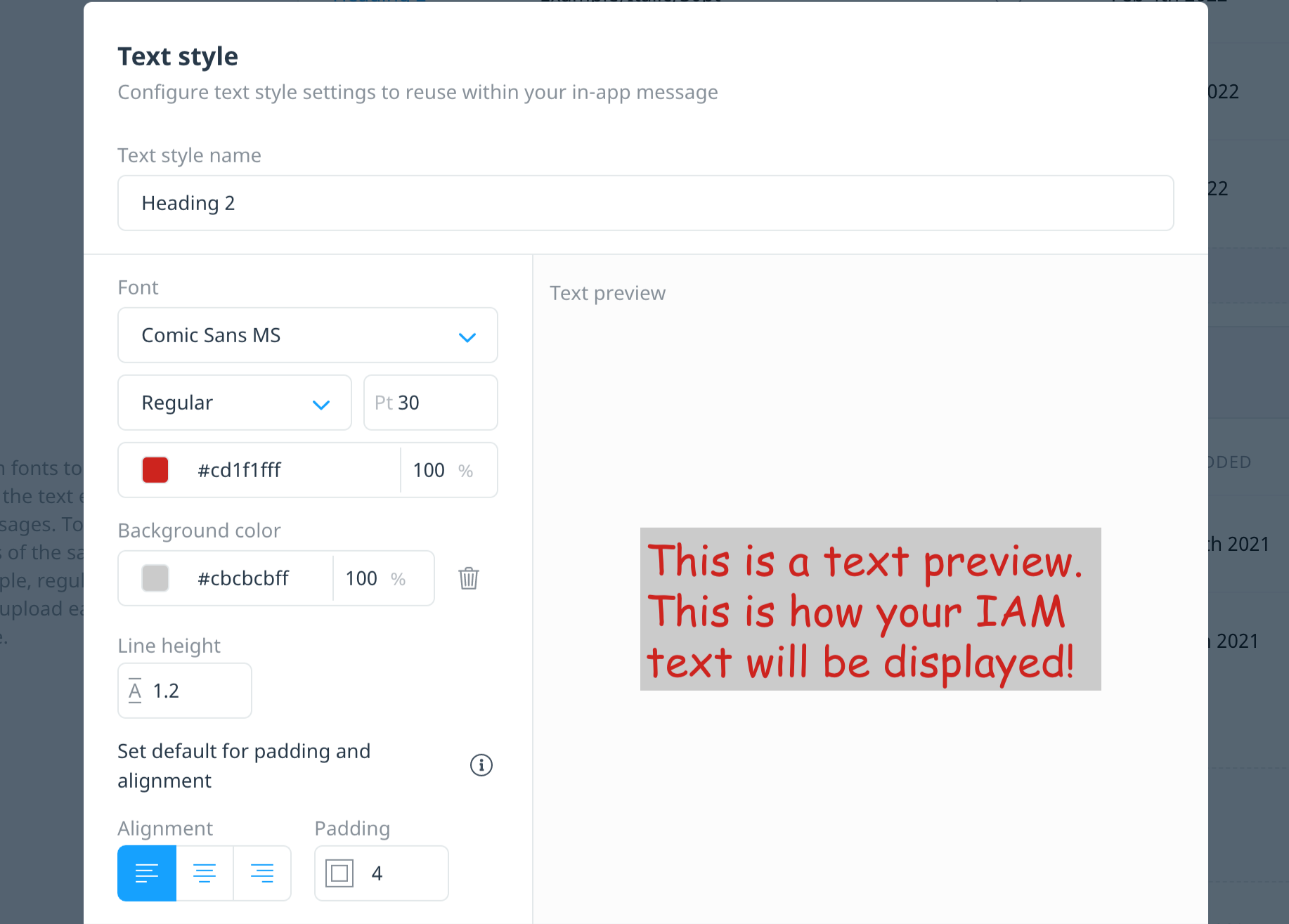 Configure text style settings to reuse within your in-app message