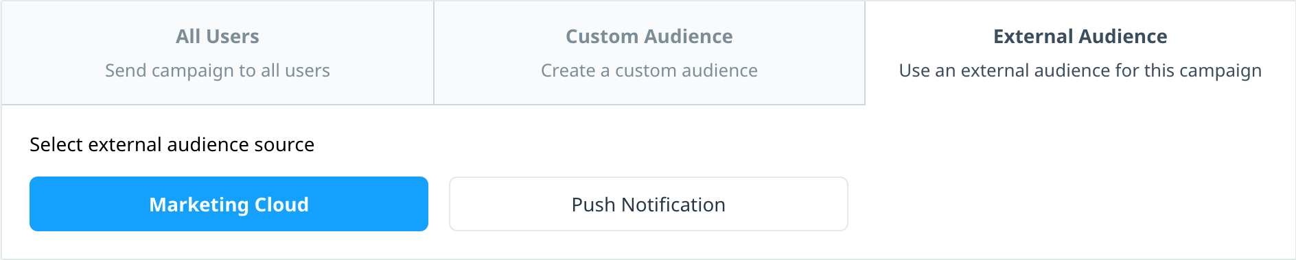 Audience builder with the External Audience tab selected and the external source set to Marketing Cloud