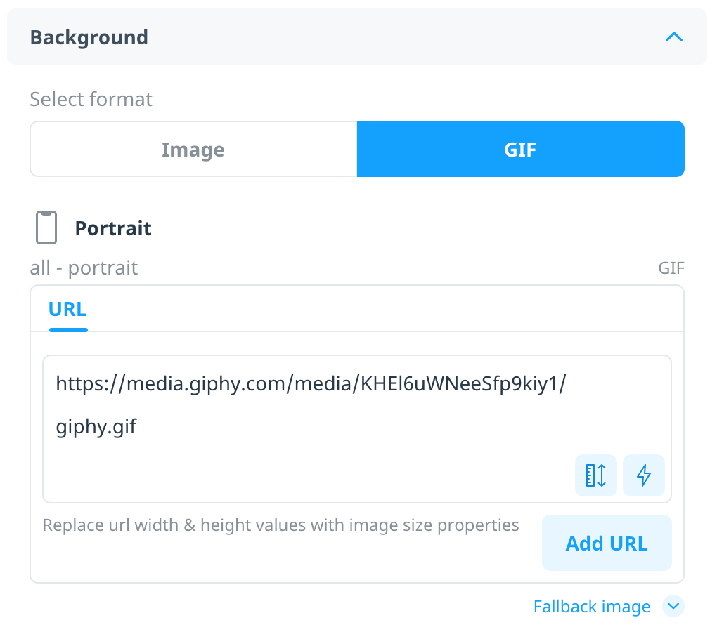 The Background GIF tab displays a box labelled URL, where you enter the GIF URL. You also have the option to include dynamic size properties or custom properties.