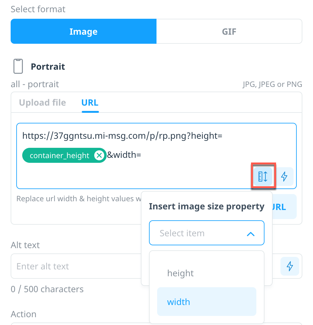 The insert image size property icon is a blue ruler with an arrow pointing up and down. Select it to insert dynamic image height and width properties.