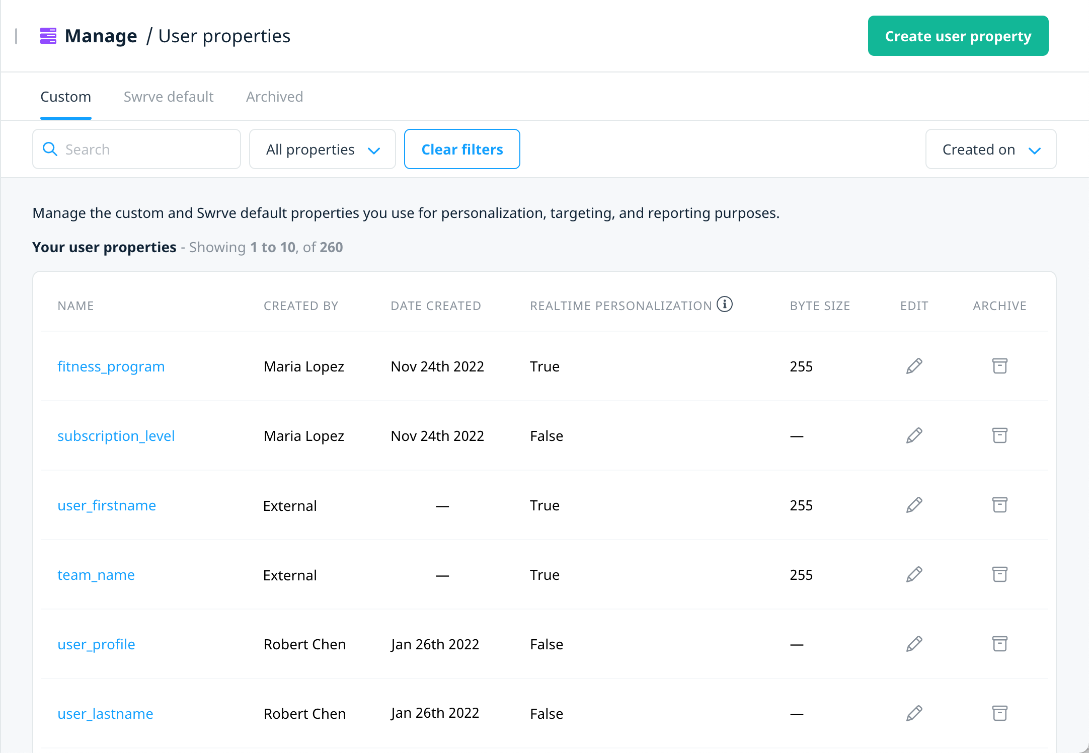 The Manage user properties screen, showing a list of custom and realtime user properties available in your app. It also has a green button for creating a new user property, a pencil icon in each row to update the property, and a file box icon for archiving a property.
