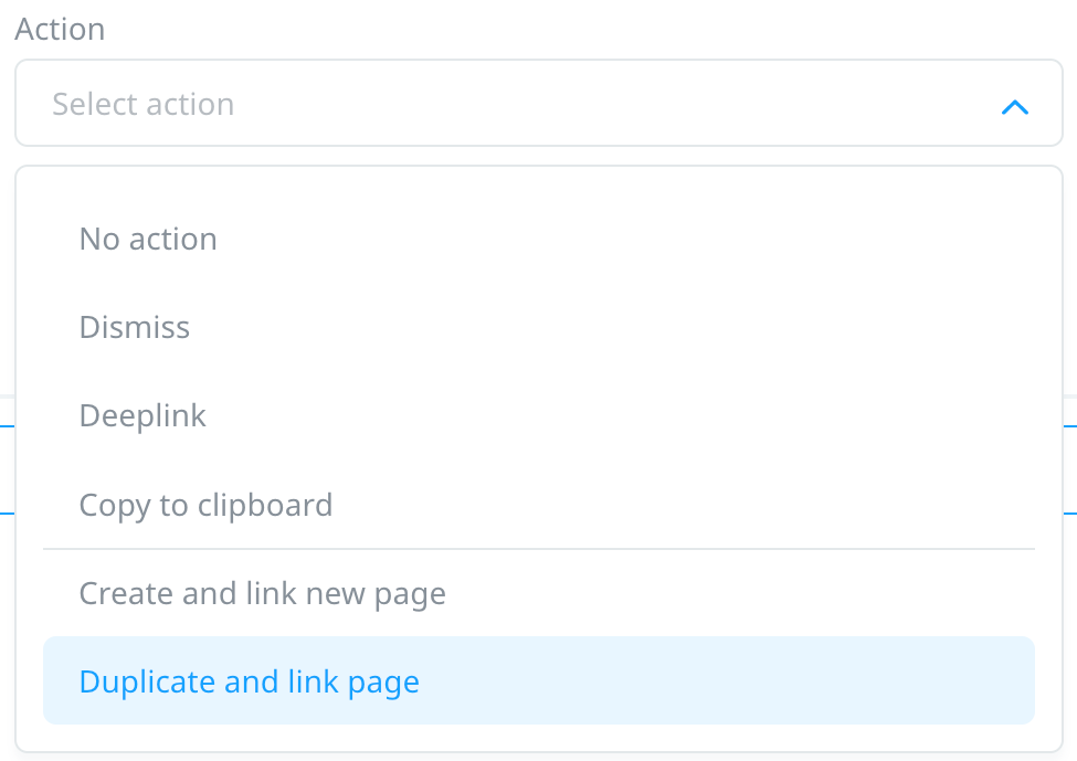 The button Action dropdown list. Create and link new page and Duplicate and link new page are the last items in the list.